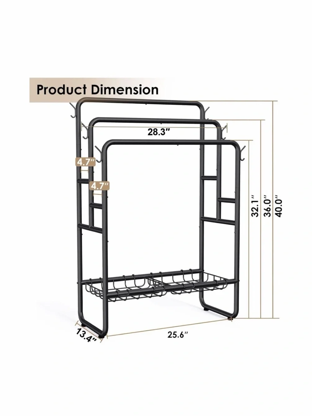 Black 40'' Freestanding 3 Tier Metal Towel Rack, 2 Baskets & 6 Hooks🪝